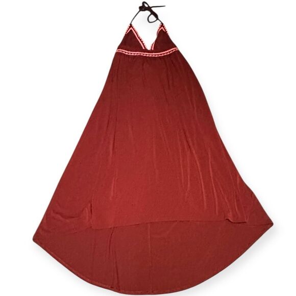 EXPRESS Women’s Merlot Red Contrast Embroidered Trim Halter Maxi Dress Size XS - Picture 5 of 9